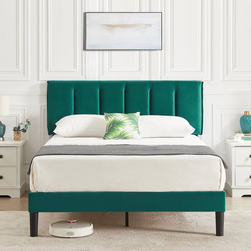 Javlergo Velvet Upholstered Platform Bed Frame with Adjustable Headboard - Green - Queen