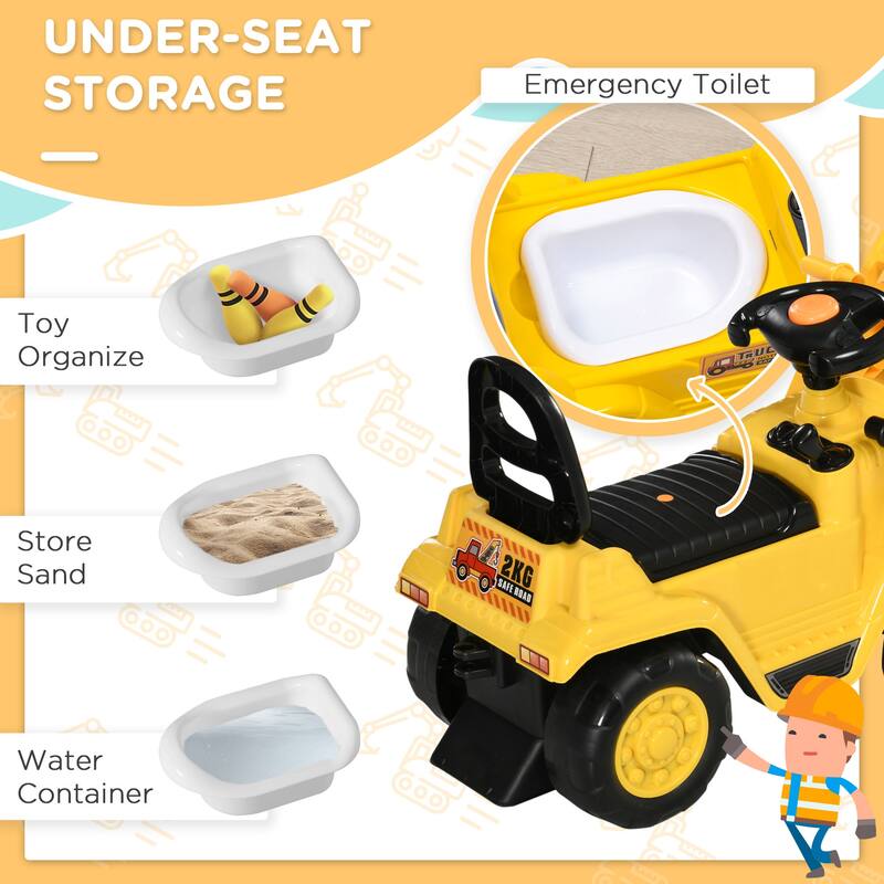 Kids Excavator Ride-On Toy with Rope Pull and Back-Up Beeps Storage Under Seat for Outdoor Play - 32.75" L x 10.75" W x 15.25" H