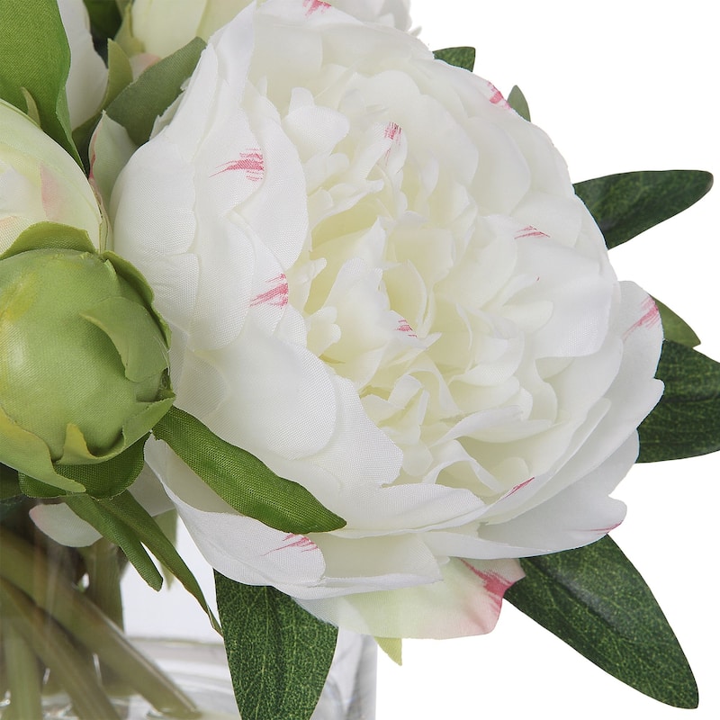 Lush Peony Blossoms and Buds Artificial Bouquet - 10" - White and Green
