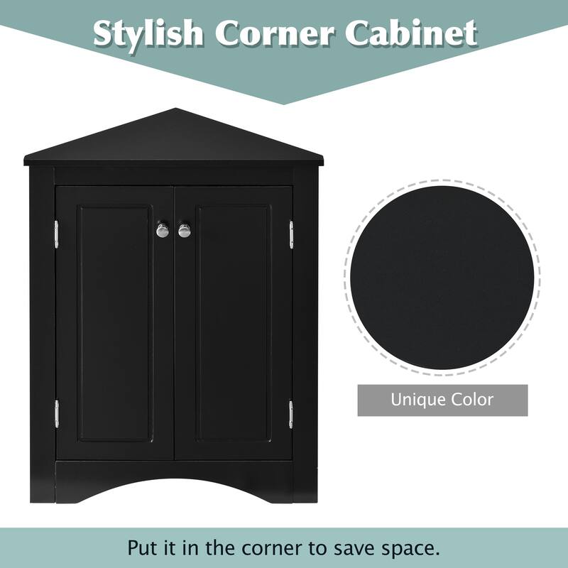 32" Wood 2-door Bathroom Corner Cabinet with Adjustable Shelves