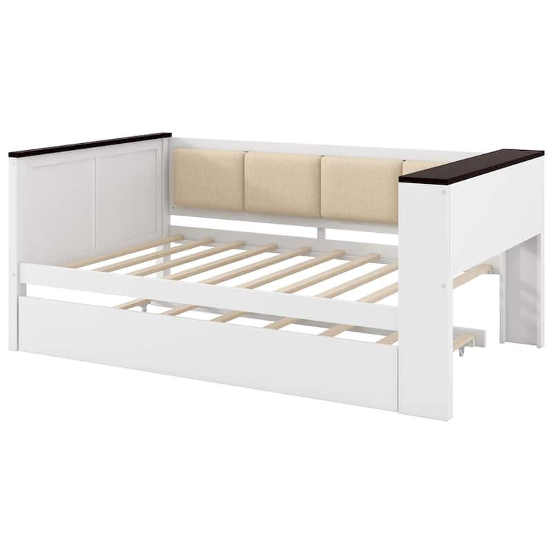 Twin Size Wood Daybed with Storage Shelves, Upholstered Backrest,USB and Trundle, White