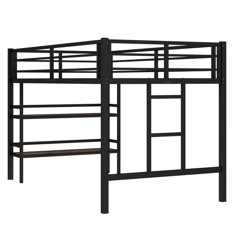 Twin Size Metal Loft Bed with Storage Shelf, Ladder & Guardrails for Kids, Black