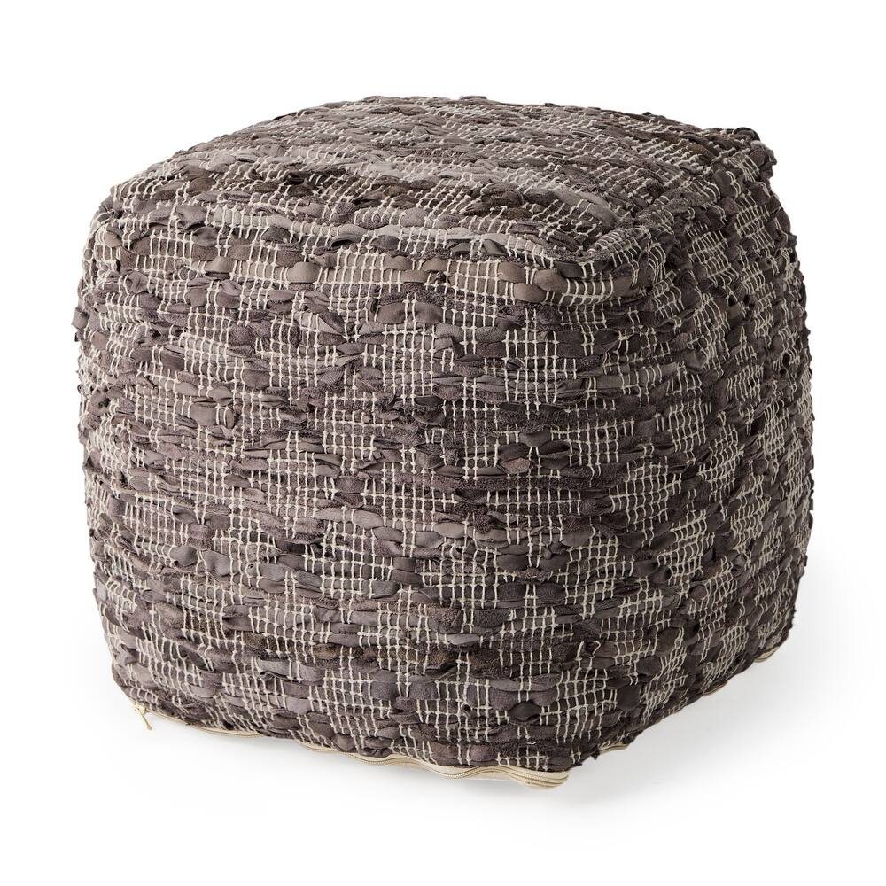 Mercana "Falguni" Grey Patterned Leather & Cotton Square Pouf