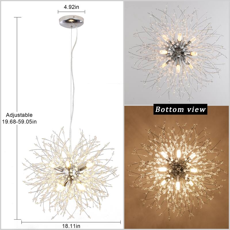 8-Light Modern Sputnik Chandelier, Crystal Flower Ball Semi Flush Mount Chandelier, Farmhouse Pendant Light for Dining Room
