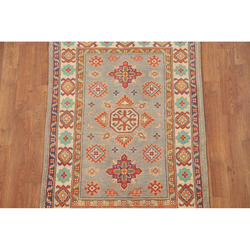 Geometric Kazak Foyer Rug Handmade Grey Wool Carpet - 2'8" x 4'0"