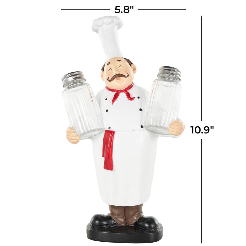 White Polystone Kitchen Decorative Figurine Chef Salt and Pepper Shaker Holder with Red Accents