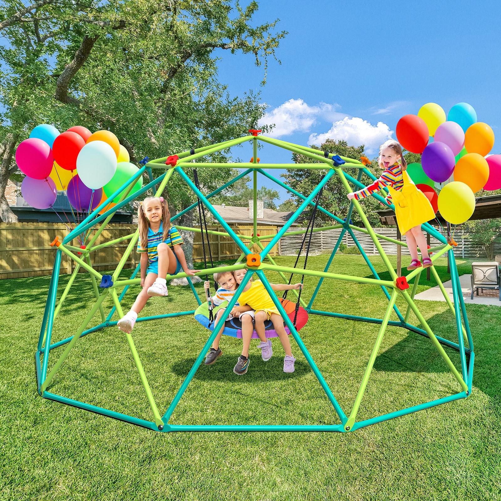 Hapfan Jungle Gym Upgraded 10ft Climbing Dome with Saucer Swing Outdoor Play Equipment for Kids 3 12 Yellow