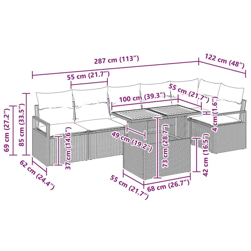 vidaXL 7 Piece Garden Sofa Set with Cushions - 113×48×27.2