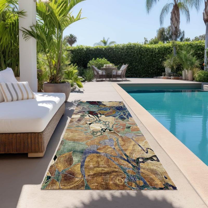 Machine Washable Indoor/ Outdoor Modern Floral Chantille Rug - 2'3" x 7'6" - Beige