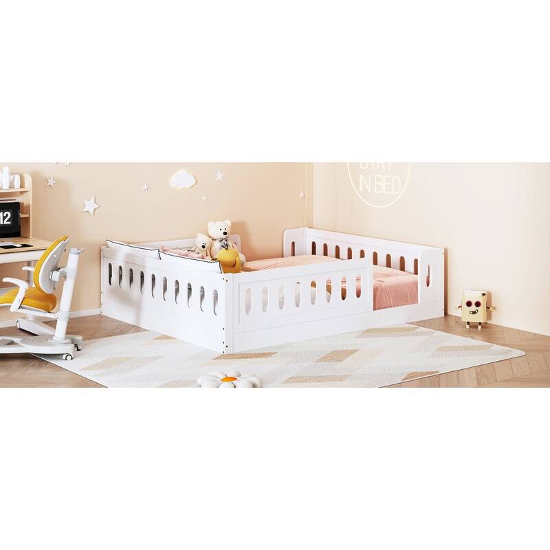 Roomfitters Full Size Wood Platform Bed with Semi-Enclosed Guardrail, Low Profile