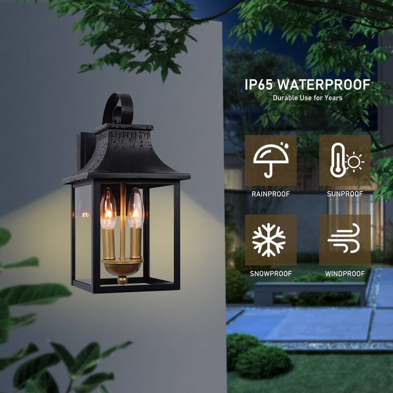 2-Light Black Dusk to Dawn Outdoor Aluminum Wall Lantern (2 Pack) - W7.4" x D9" x H14.7"