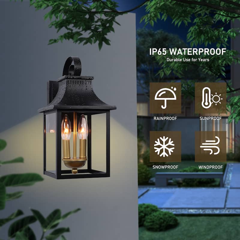 2-Light Matte Black Dusk to Dawn Outdoor Wall Lantern with Clear Glass - W7.4" x D9" x H14.7"