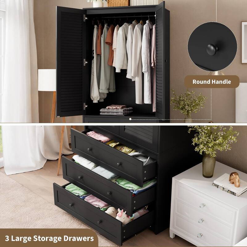 Armoire Wardrobe Closet with Drawers, 69.5" Wooden Wardrobe Cabinet with Hanging Rod, 2 Doors Clothing Storage Cabinet