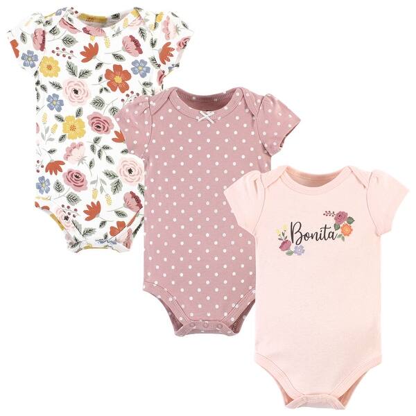 slide 1 of 1, Hudson Baby Infant Girl Cotton Bodysuits, Bonita 9-12 Months - Bonita 3 Pack