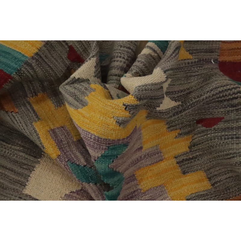 Hand Woven Oriental 100% Wool Carpet Southwestern Tribal Greys & Charcoal Kilim Runner Rug - 9' 8'' X 2' 8''