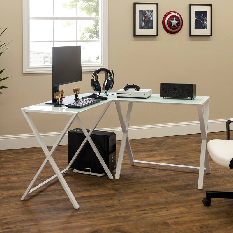 Middlebrook Hardy X-frame Metal and Glass Corner Computer Desk - White