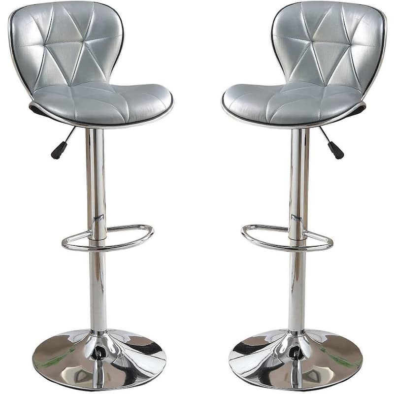 Silver / Grey Faux Leather PVC Stool Counter Height Chairs Set of 2 Adjustable Height bar Stools Chrome Base.