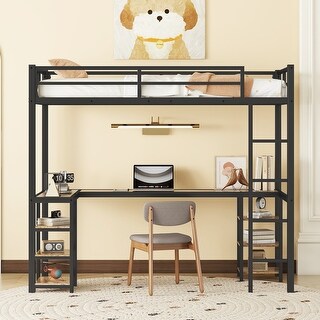 Metal Loft Bed with L-shaped Desk and Shelves, Ladder, Guardrails