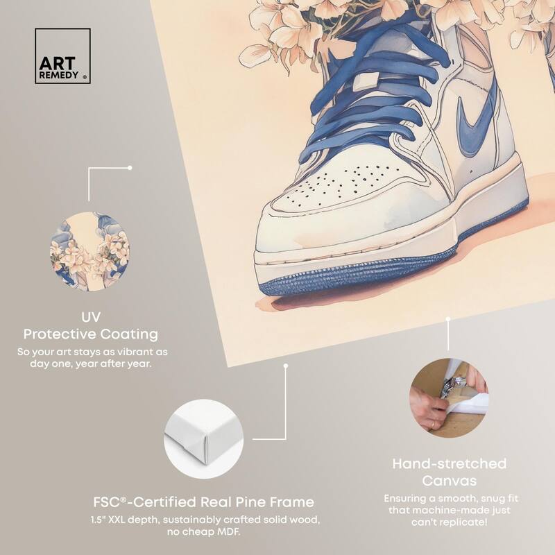 Gentle Blue Sneakers and Flowers Canvas by Art Remedy, Gallery Wrapped