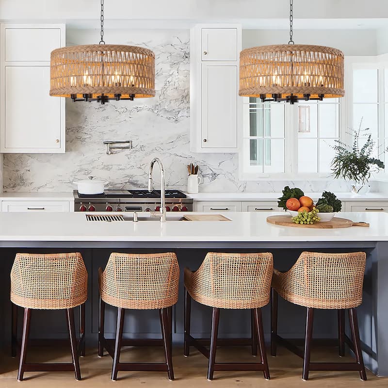 6-Light 19.6-inch Rattan Drum Chandelier for Dining Room Kitchen - 19.68"x7.87"