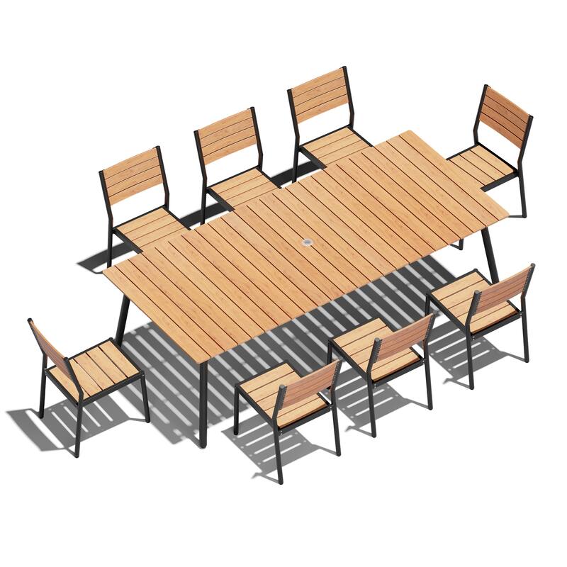 9-Piece Aluminum Outdoor Dining Set with Umbrella Hole and Stacking Armless Chairs - Brown