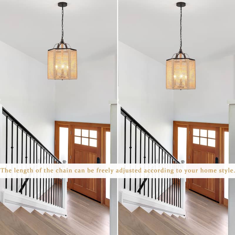 3-Light Farmhouse Lantern-style Chandelier with Hemp Rope for Living Room
