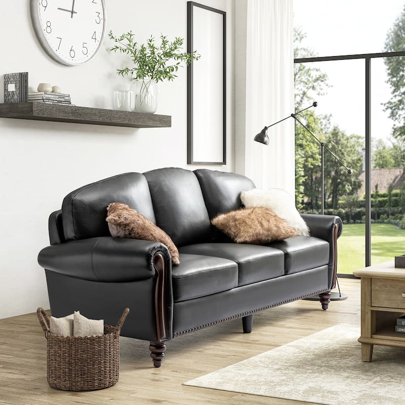 Eduard 84" Traditional Genuine Leather Sofa with Carved Wood Legs by HULALA HOME
