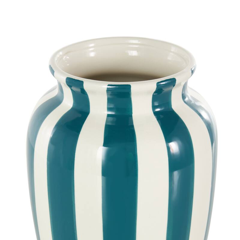 White Ceramic Round Wide Decorative Vase with Yellow or Teal Vertical Stripes