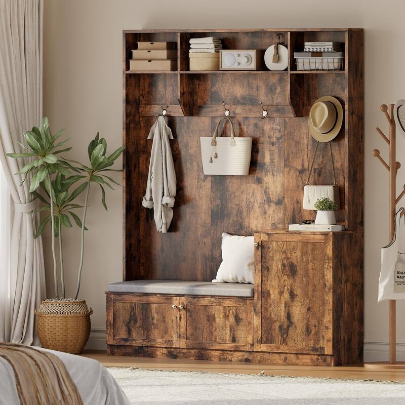 78.7 Inch Tall Hall Tree with Bench and Shoe Storage,Modern Entryway Bench with Coat Rack,4 Hanging Hooks
