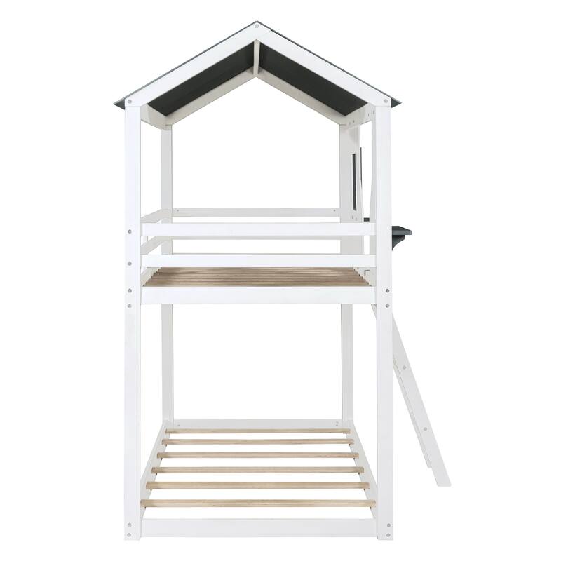 Twin Over Twin Size Bunk Platform Bed Frame with Roof and Window, Fun Playhouse Design with Guardrails, Bedroom Furniture