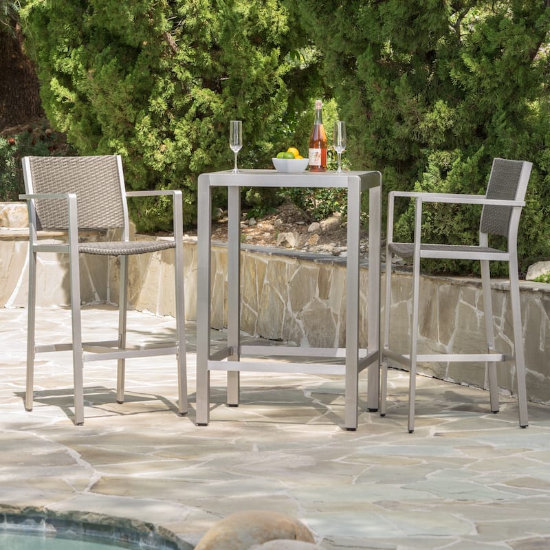 Cape Coral Outdoor 3-piece Bar Set with Glass Table Top by Christopher Knight Home - Grey