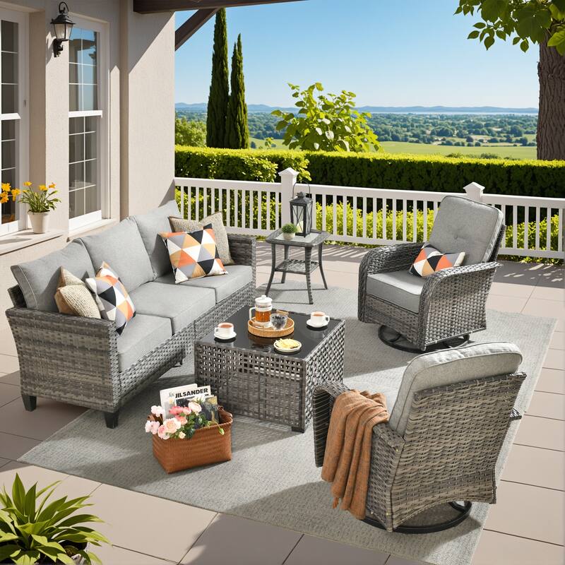 HOOOWOOO 5-piece Outdoor Swivel Chair Set Patio Conversation Set with Solar-powered Table - Dark Grey