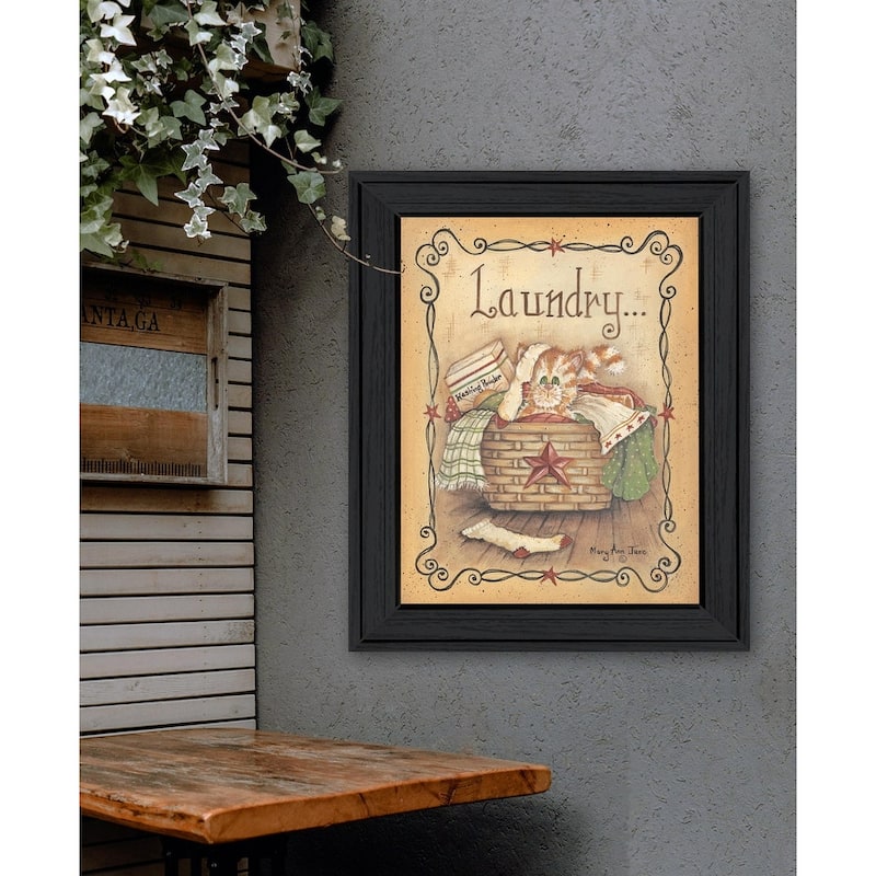 TrendyDecor4U Farmhouse "Laundry" Framed Print Wall Art by Mary Ann June - Brown, Tan, Yellow