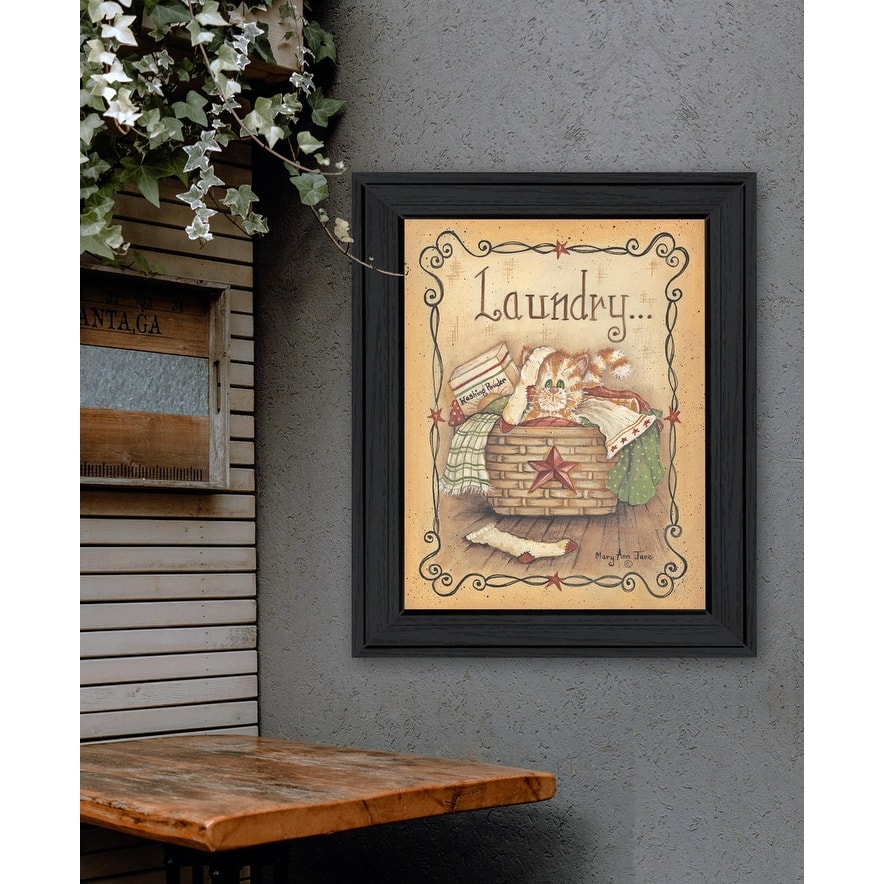 TrendyDecor4U Farmhouse "Laundry" Framed Print Wall Art by Mary Ann June - Brown, Tan, Yellow