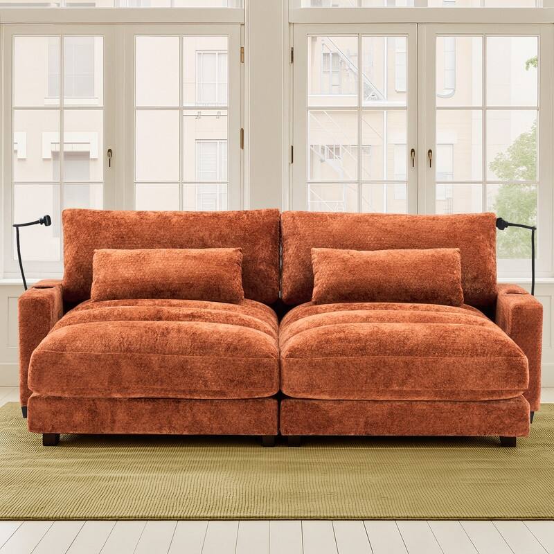 Chaise Lounge Chair Upholstered Modular Sofa with Cup & Phone Holders - Orange