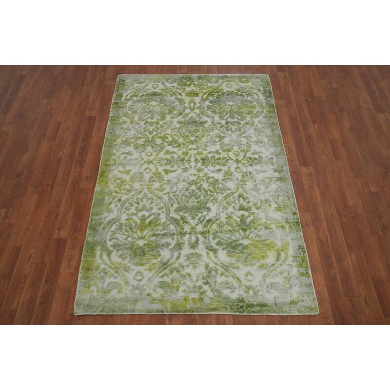 Hand Knotted Oriental Viscose Silk Carpet Modern Floral Green Abstract Area Rug - 6' 3'' X 4' 1''