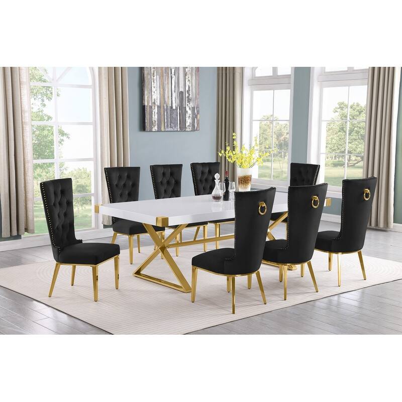 Best Quality Furniture D442/3-SC330-7 Dining Set with 94" White Lacquer Wood Top - 9-Piece - Black / Gold