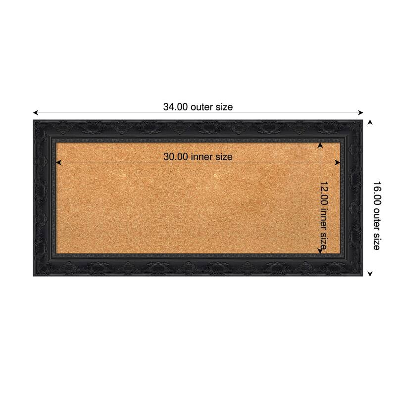 Filigree Gloss Black Framed Cork Board - Bulletin Board, Organization Board, Pin Board - Natural - 34 x 16 in