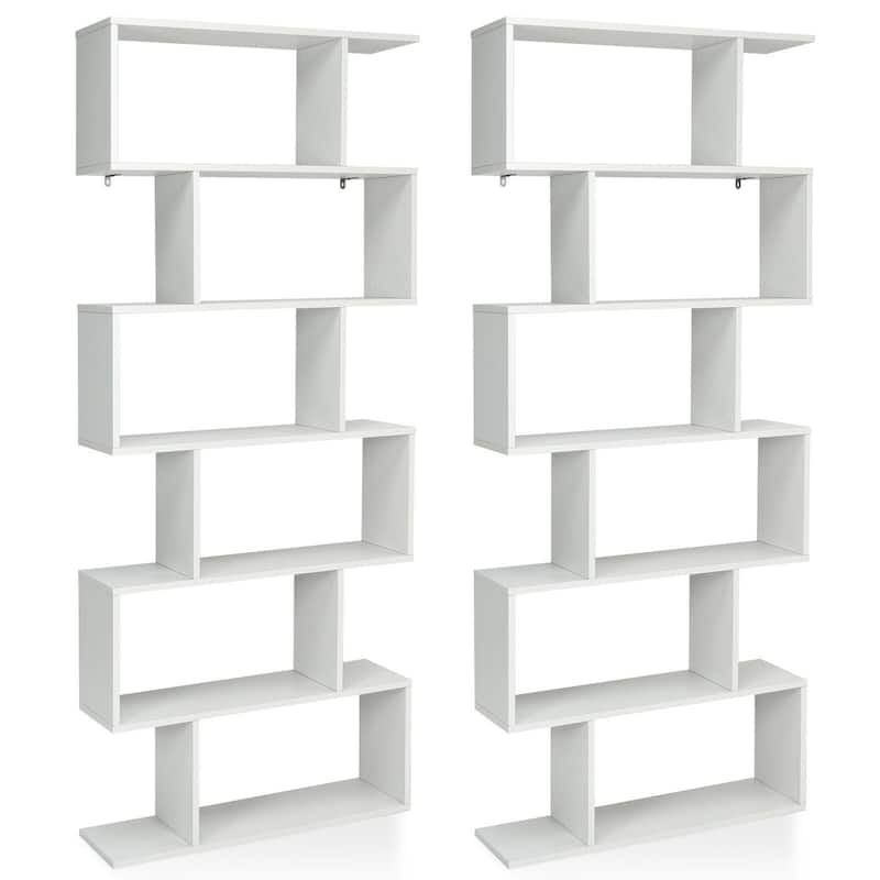 Gymax 2 PCS 6 Tier S-Shaped Bookshelf Storage Display Bookcase Z-Shelf - 31.5'' x 9'' x 75'' - White