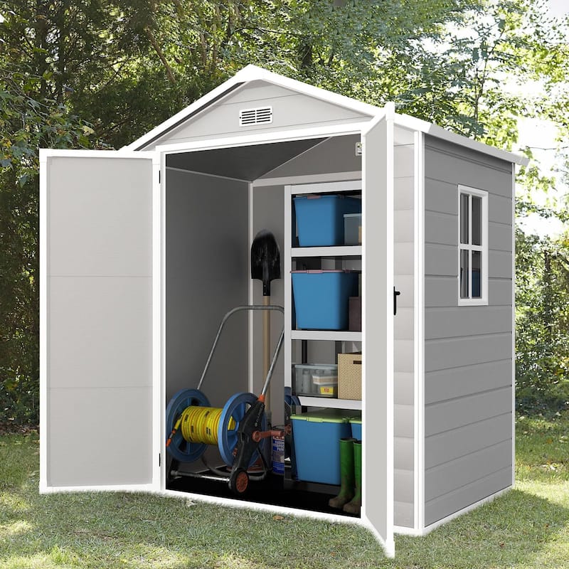 6x4.4FT Outdoor Resin Plastic Storage Shed with Floor, Lockable Doors