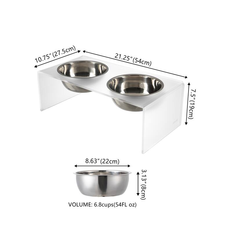 Keaton 7.5" Medium/Large Modern Lucite Rectangular Elevated Pet Feeder with 54oz 2-Stainless Steel Bowls