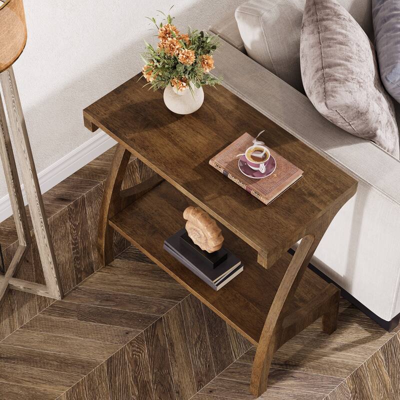 Solid Wood End Table Side Table with 2-Tier Storage
