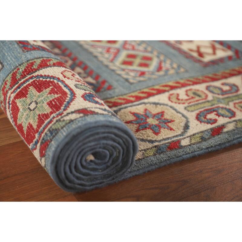 Light Blue Traditional Kazak Runner Rug Hand-Knotted Wool Carpet - 3'1" x 16'5"