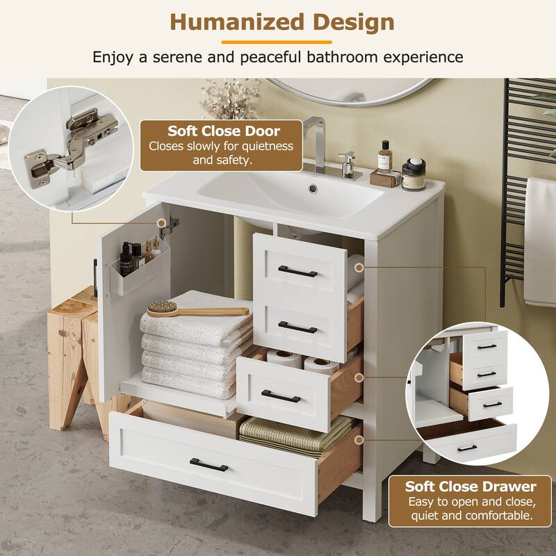 30" Modern Bathroom Vanity Set with Ceramic Sink - Soft-Close Doors & 3 Drawers, Storage Cabinet with Removable Tray