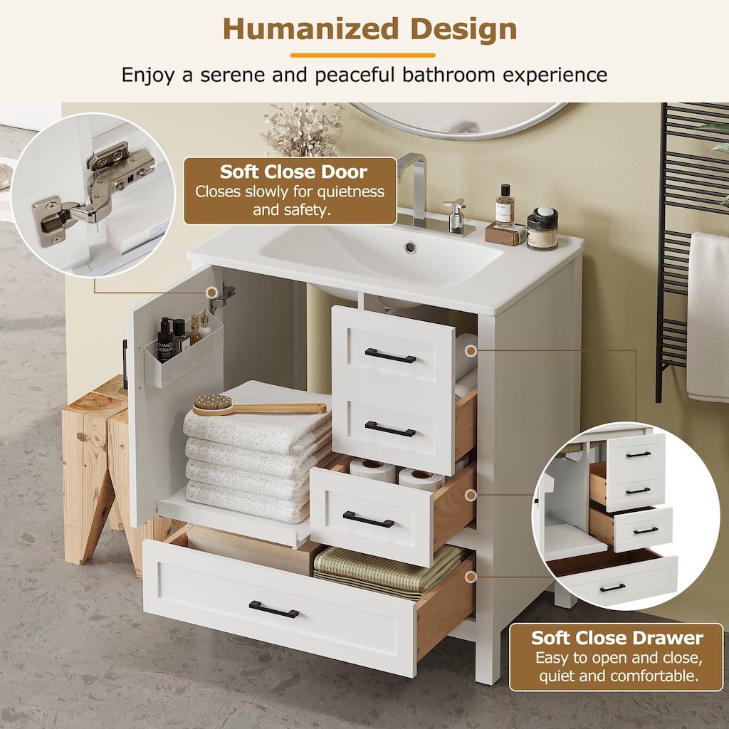 30" Solid Wood Frame Bathroom Vanity Cabinet with Ceramic Basin, White - 30 Inch