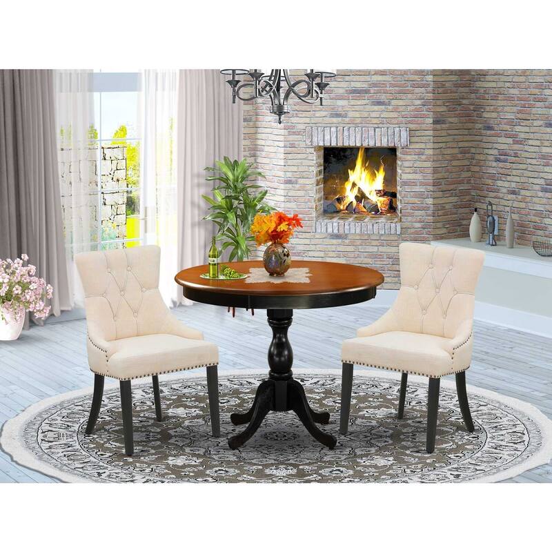 3-Piece Black and Cherry Finish Solid Wood Top - Button Tufted Upholstered Dining Room Set - Seats-4