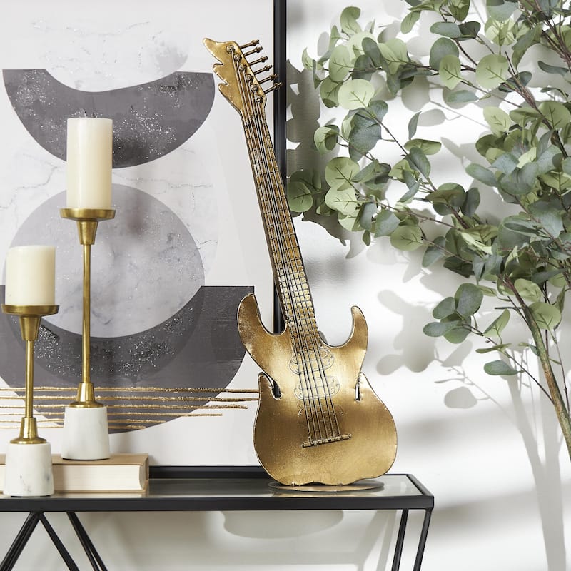 Metal Guitar Standing Sculpture with Round Base - Copper - Roche River Decor