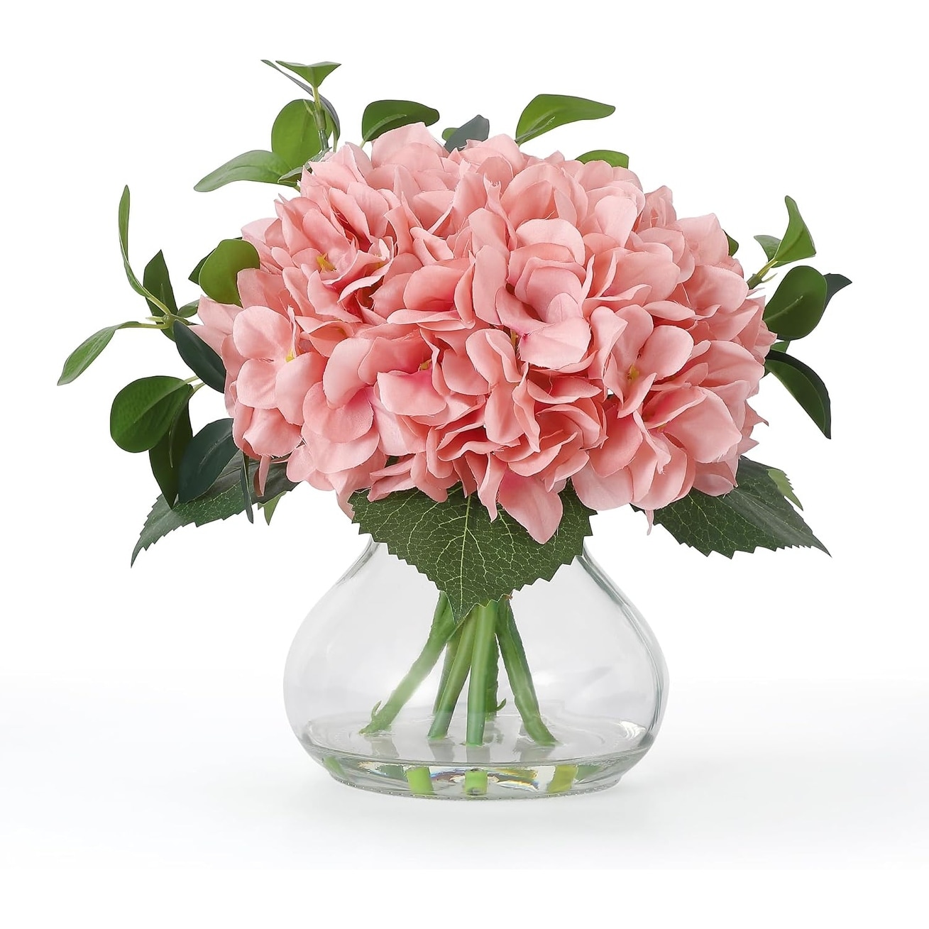 Silk Artificial Hydrangea Arrangement with Glass Vase and Faux Water, Light Coffee Home Decor