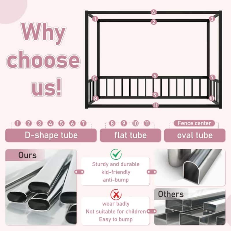 Full Size Iron Canopy Bed with Fence Guardrails and Sunshade Design
