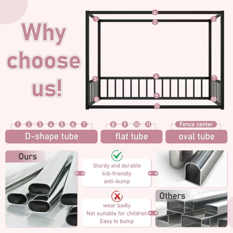 Queen Size Modern Floor Bed Frame with Canopy Structure and Full Guardrails, Low-Profile Metal Platform Bed